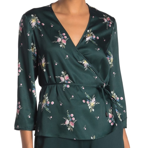 NWT $209 TED BAKER GREEN FLORAL ALEEXX WRAP BLOUSE TOP TB SZ 2 US 4-6 S M - Picture 1 of 12